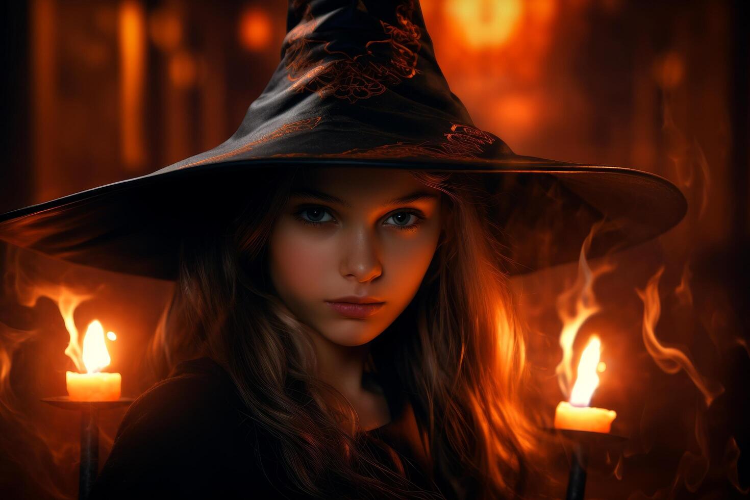 Mysterious witch in dark forest with candles photo