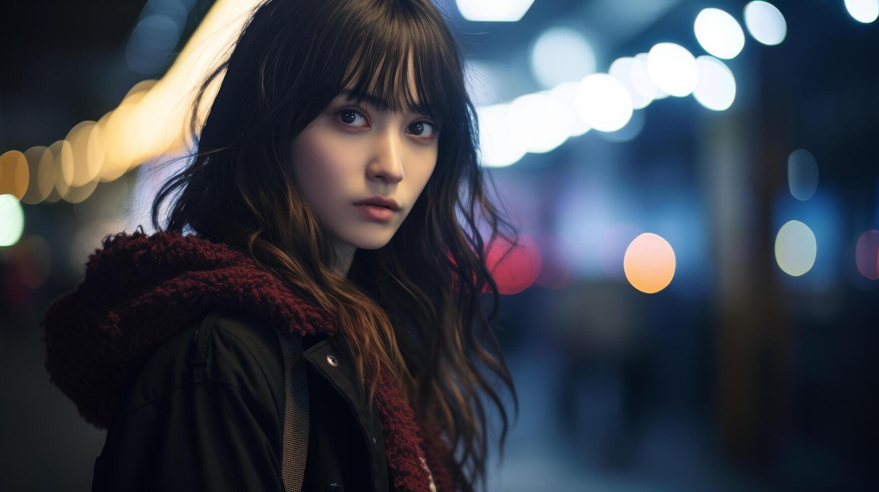 young woman with long hair looking pensive in city at night photo