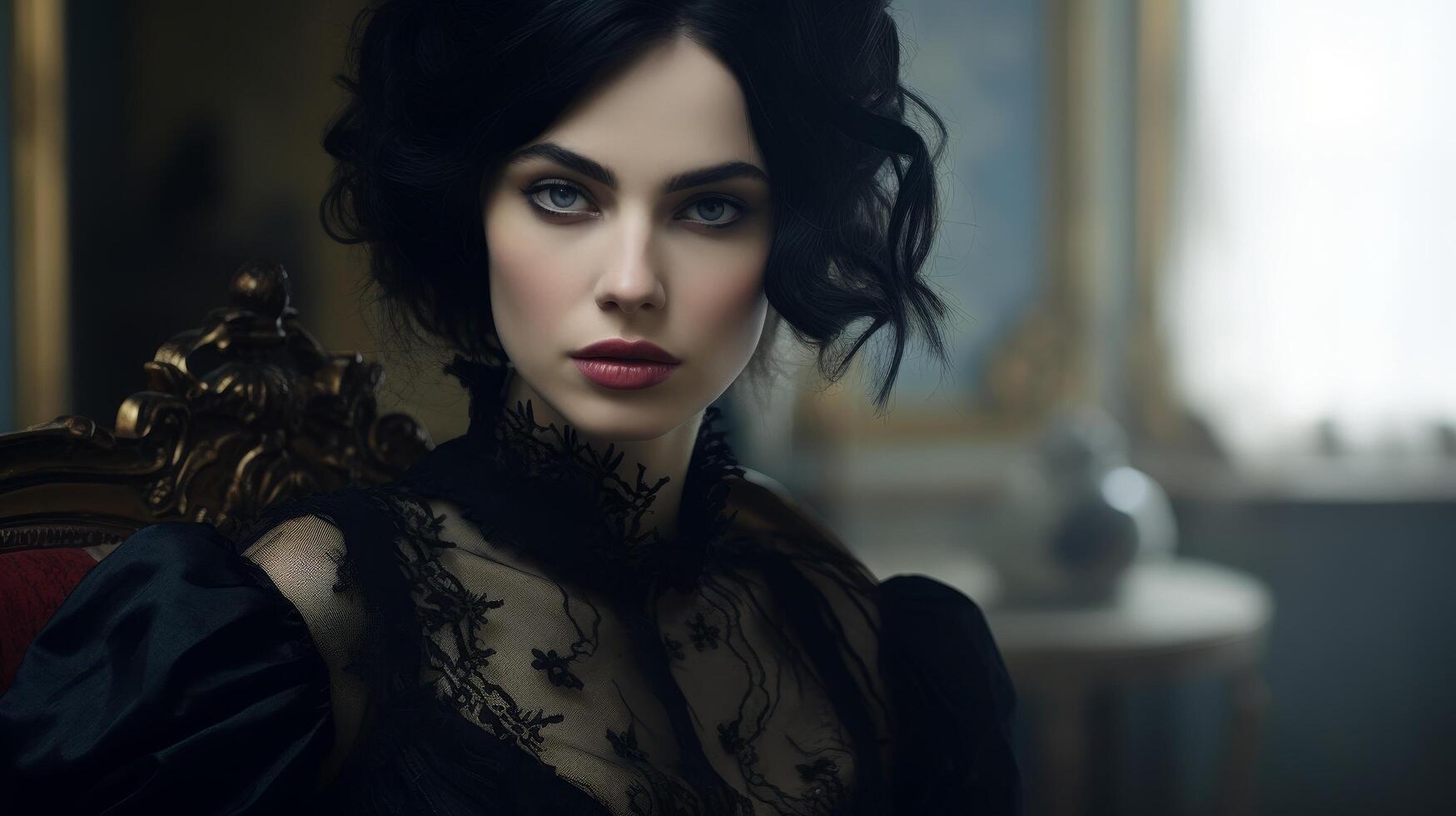 mysterious woman in dark lace dress photo