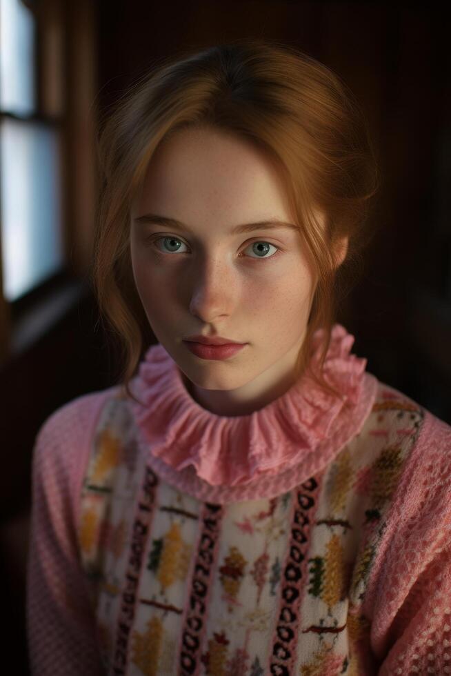 Thoughtful young woman in pink floral dress photo