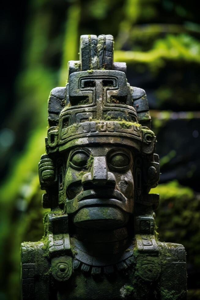 ancient stone idol in lush jungle photo
