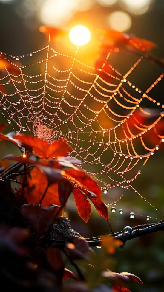 Intricate spider web with dew drops in autumn leaves photo