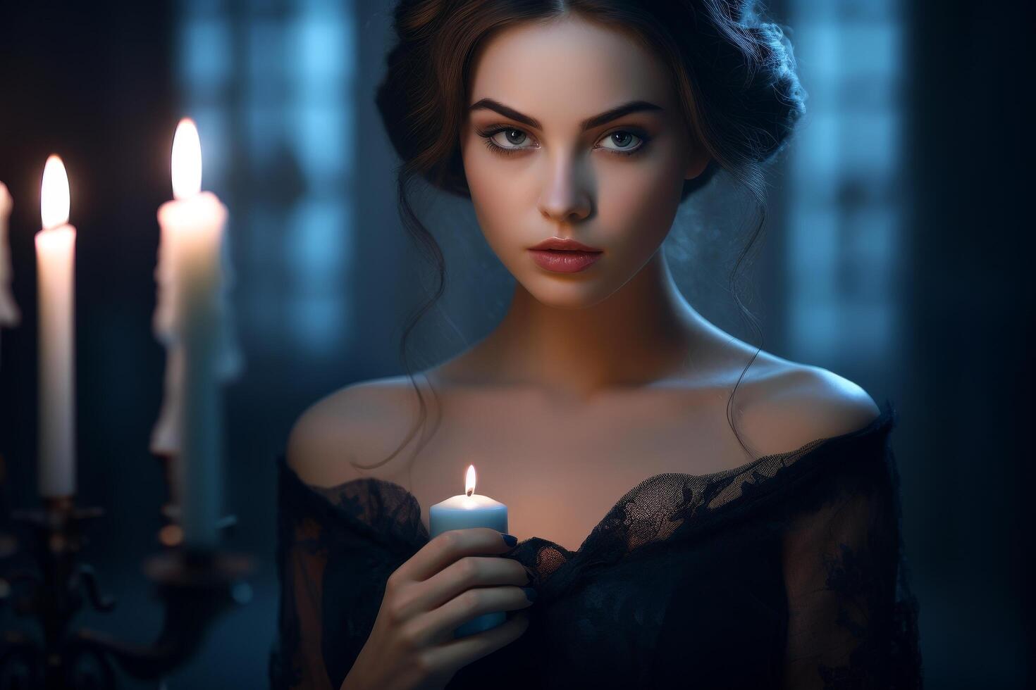 mysterious woman with candles in dark room photo