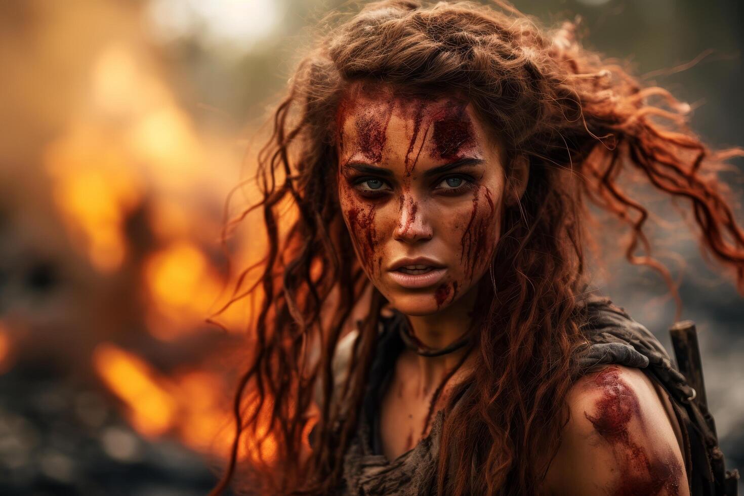 Fierce warrior woman with curly red hair and war paint photo