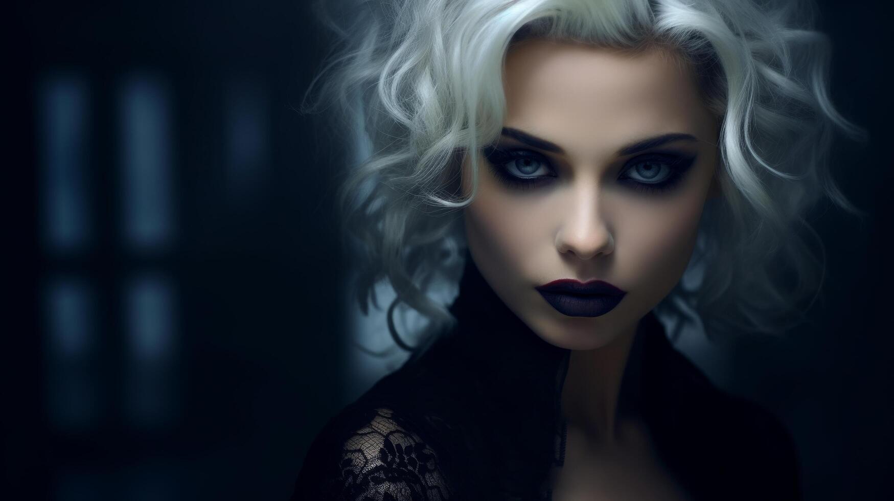 dramatic portrait of a woman with striking makeup and hair photo