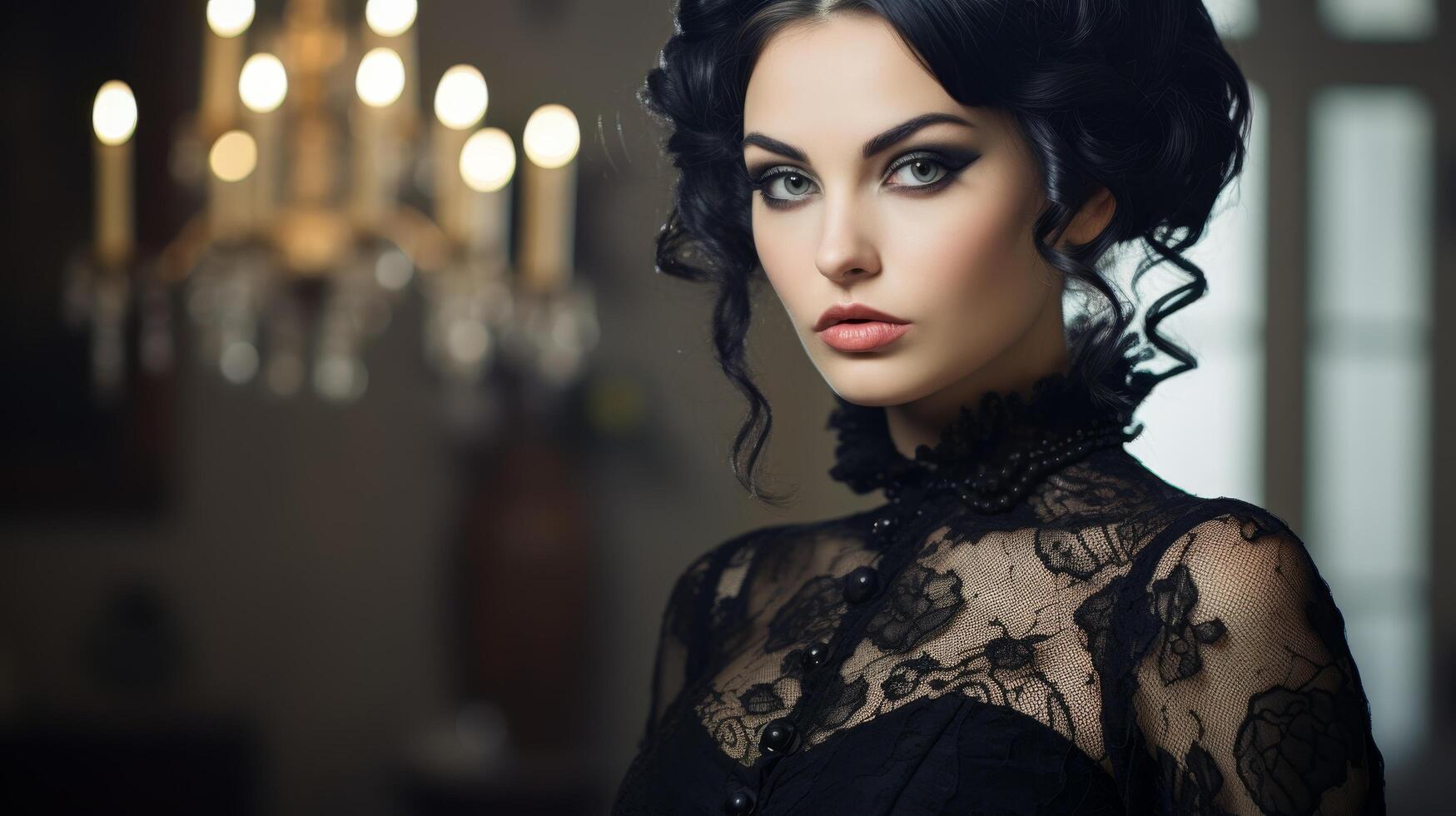 glamorous woman with dark hair and makeup photo