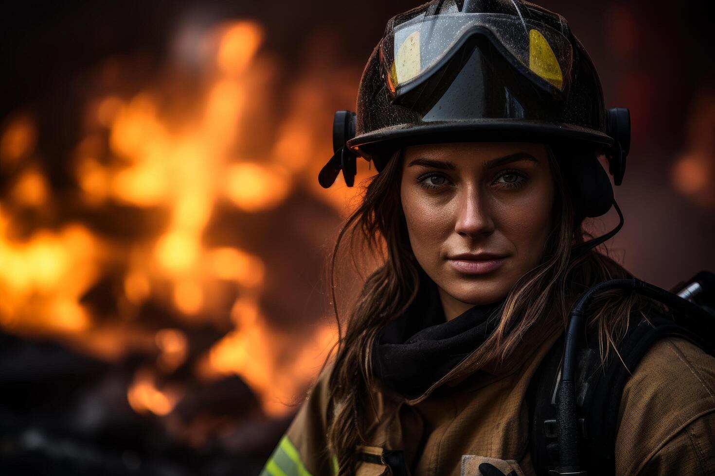 Determined firefighter facing a blaze photo