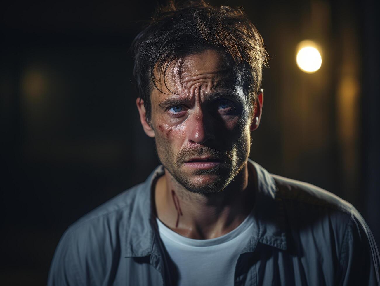 Intense man with serious expression in dark lighting photo