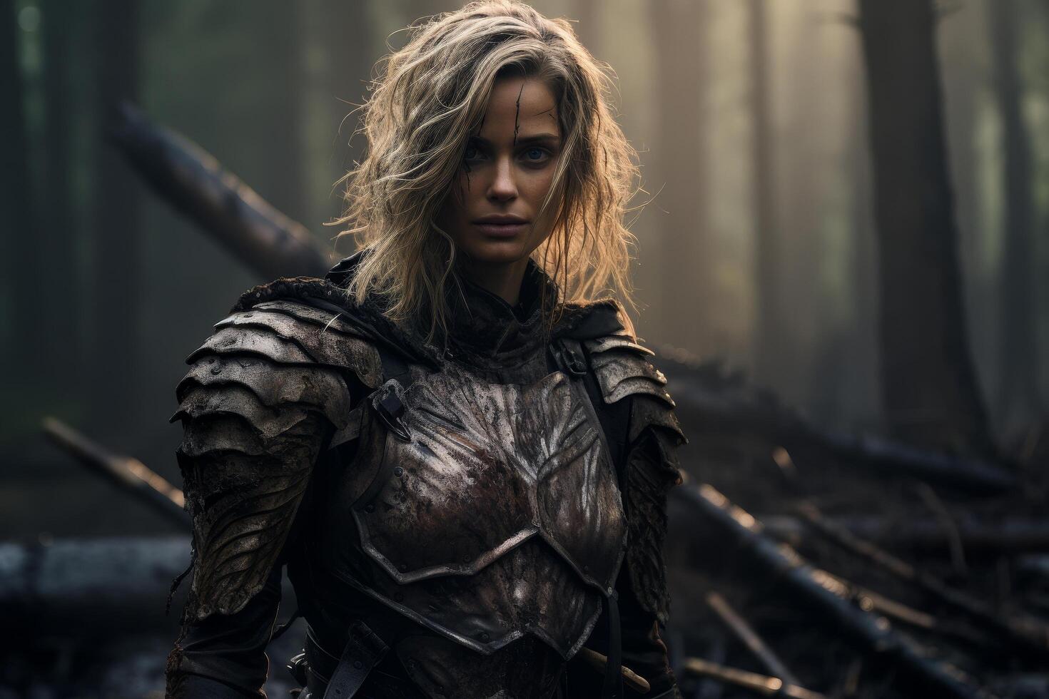 Fierce warrior woman in post apocalyptic armor photo