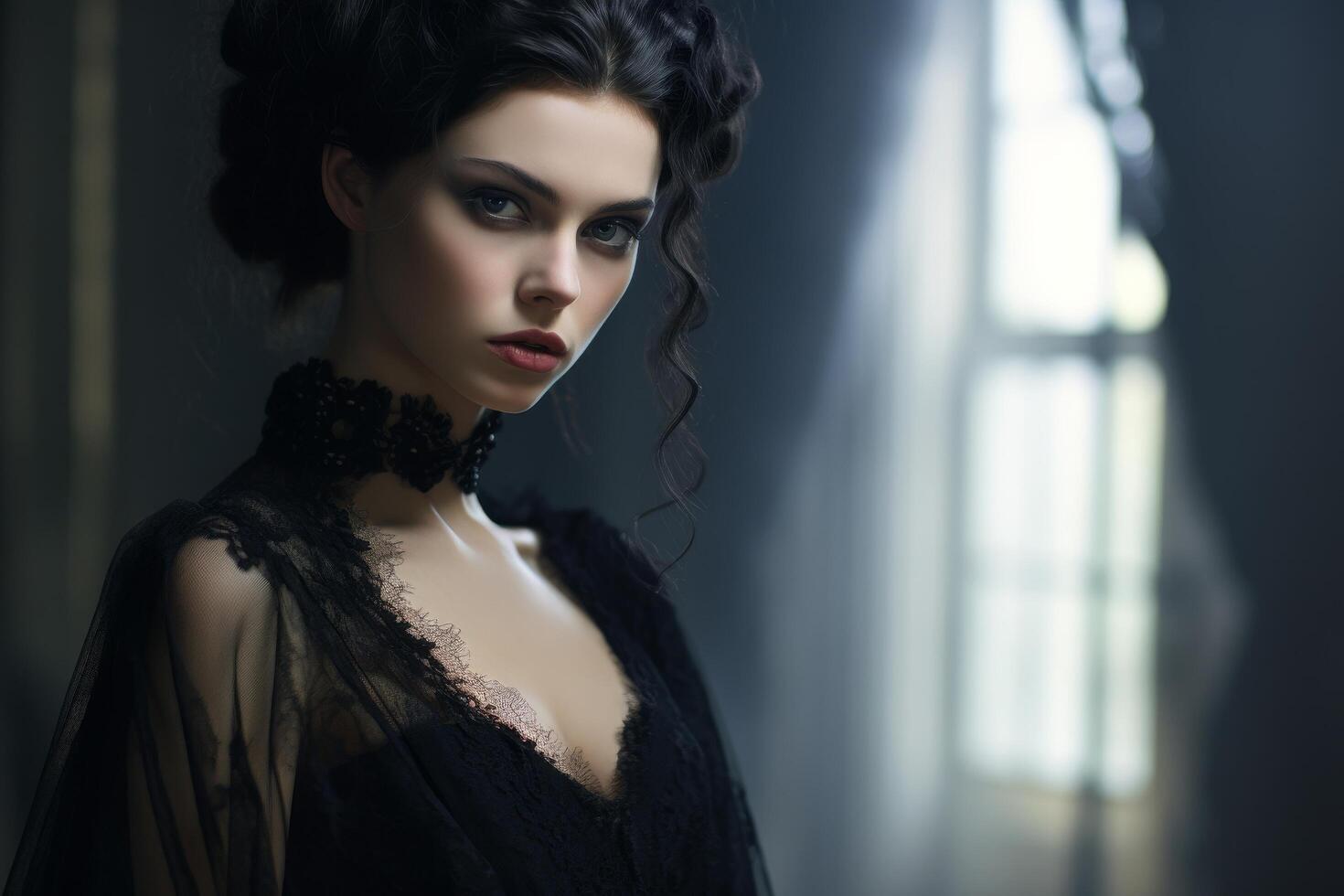 Mysterious woman in black lace dress photo