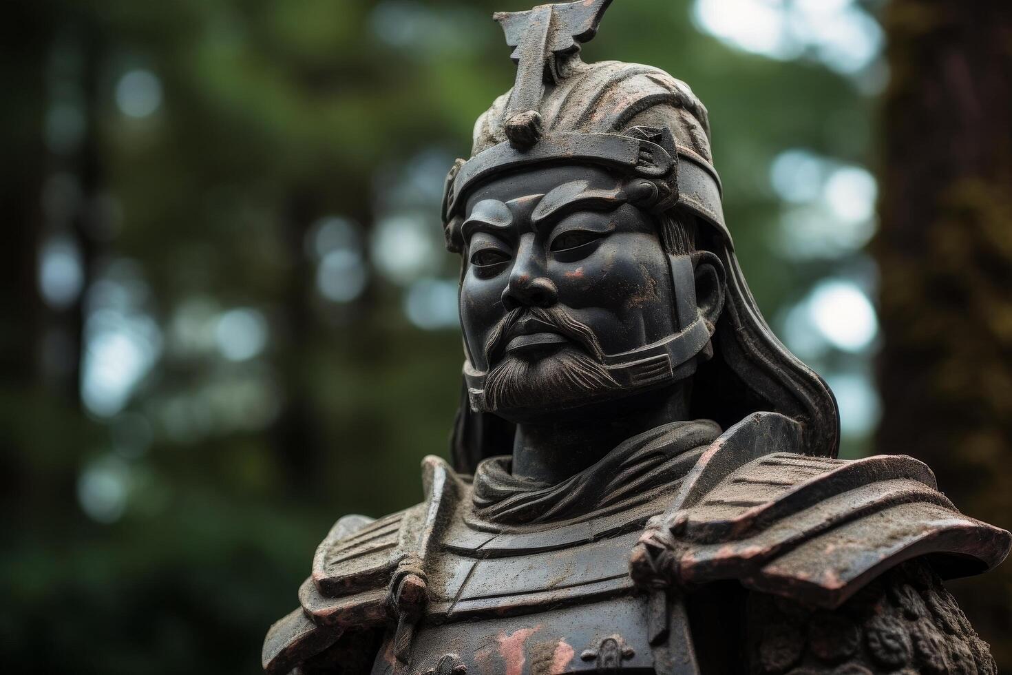 ancient chinese warrior statue in forest photo