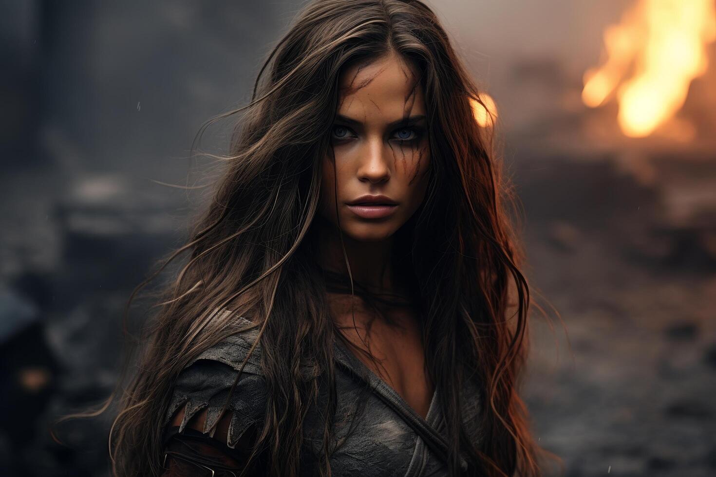 Intense gaze of a mysterious woman in the wind photo