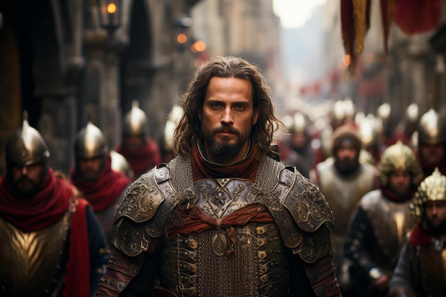 medieval warrior in ornate armor walking through a crowded city street photo