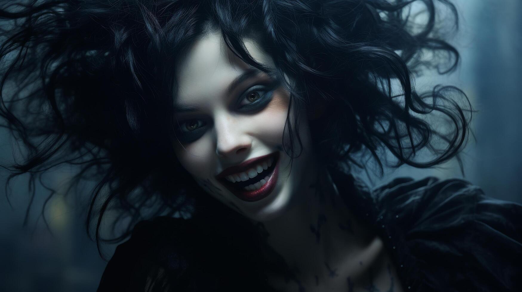 Captivating gothic woman with dark hair and intense gaze photo