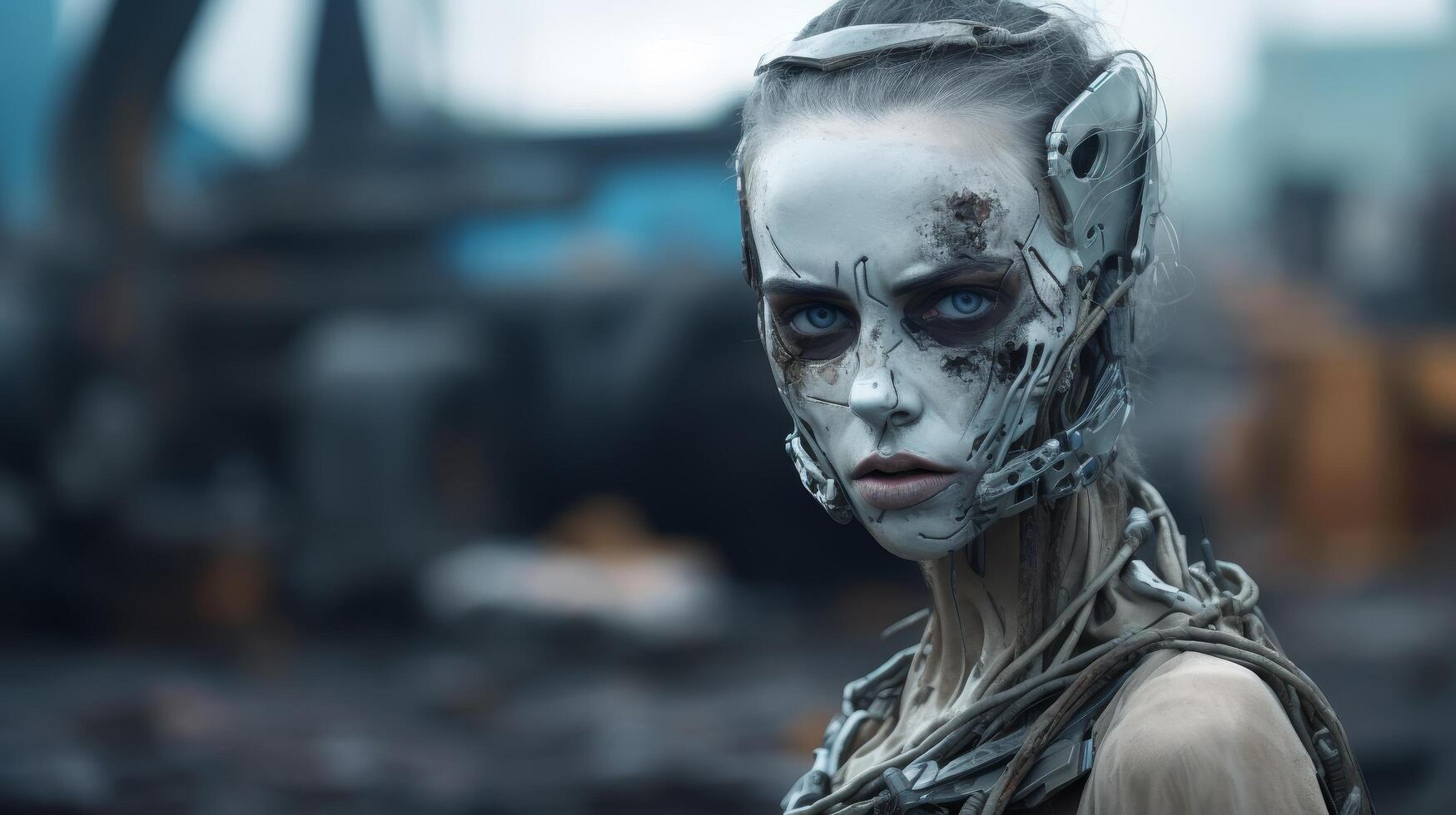 Futuristic cyborg woman with glowing blue eyes photo