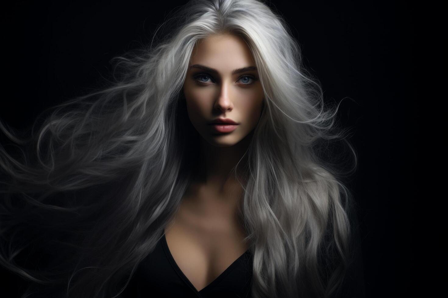 Dramatic portrait of a woman with long, flowing white hair photo