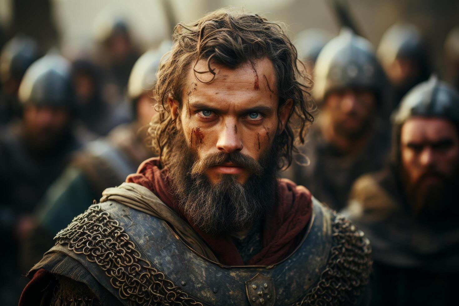 Rugged warrior with intense gaze and battle worn appearance photo