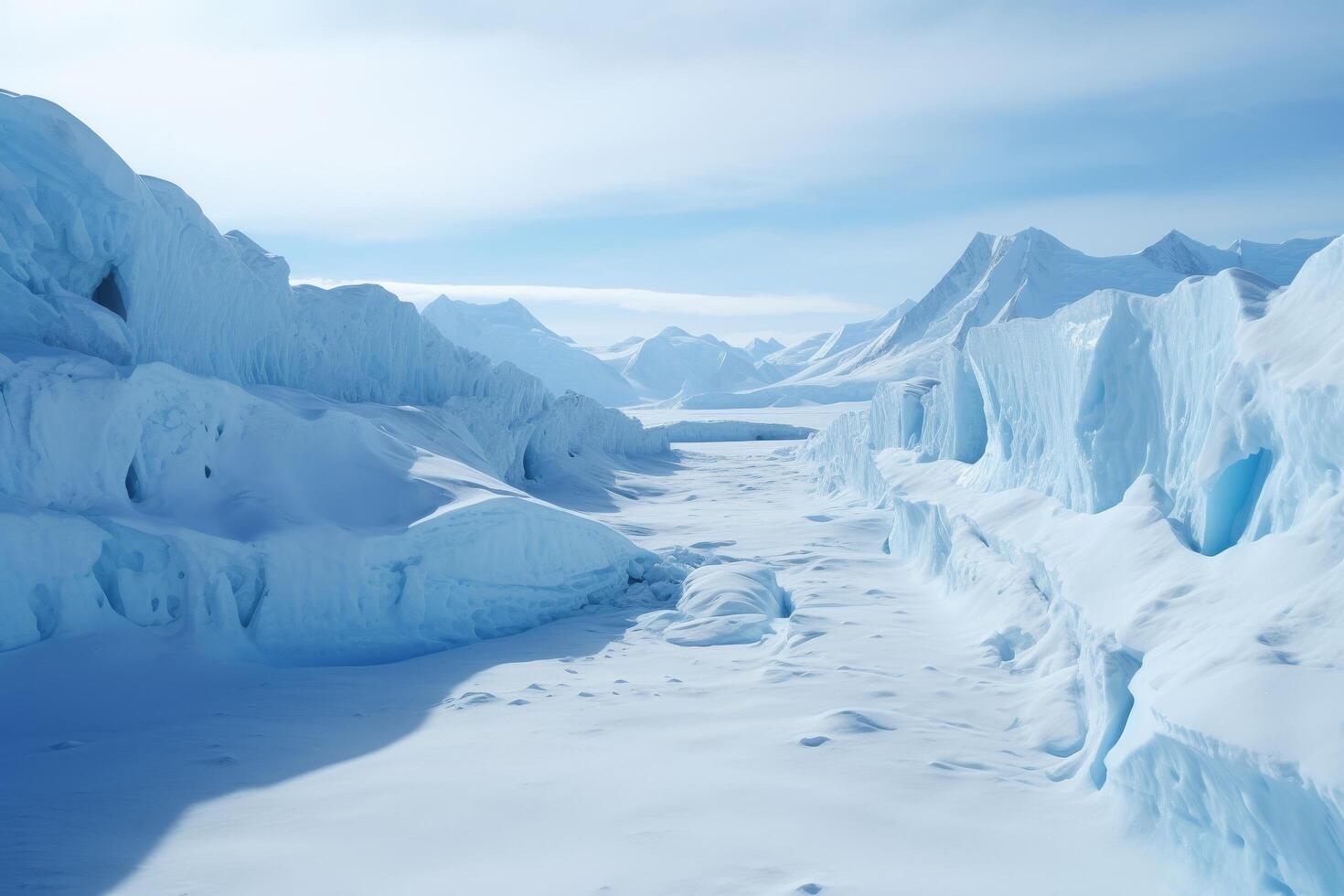 Frozen landscape with ice formations and mountains photo