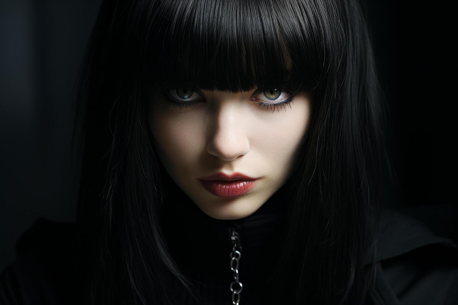Mysterious woman with dark hair and intense gaze photo