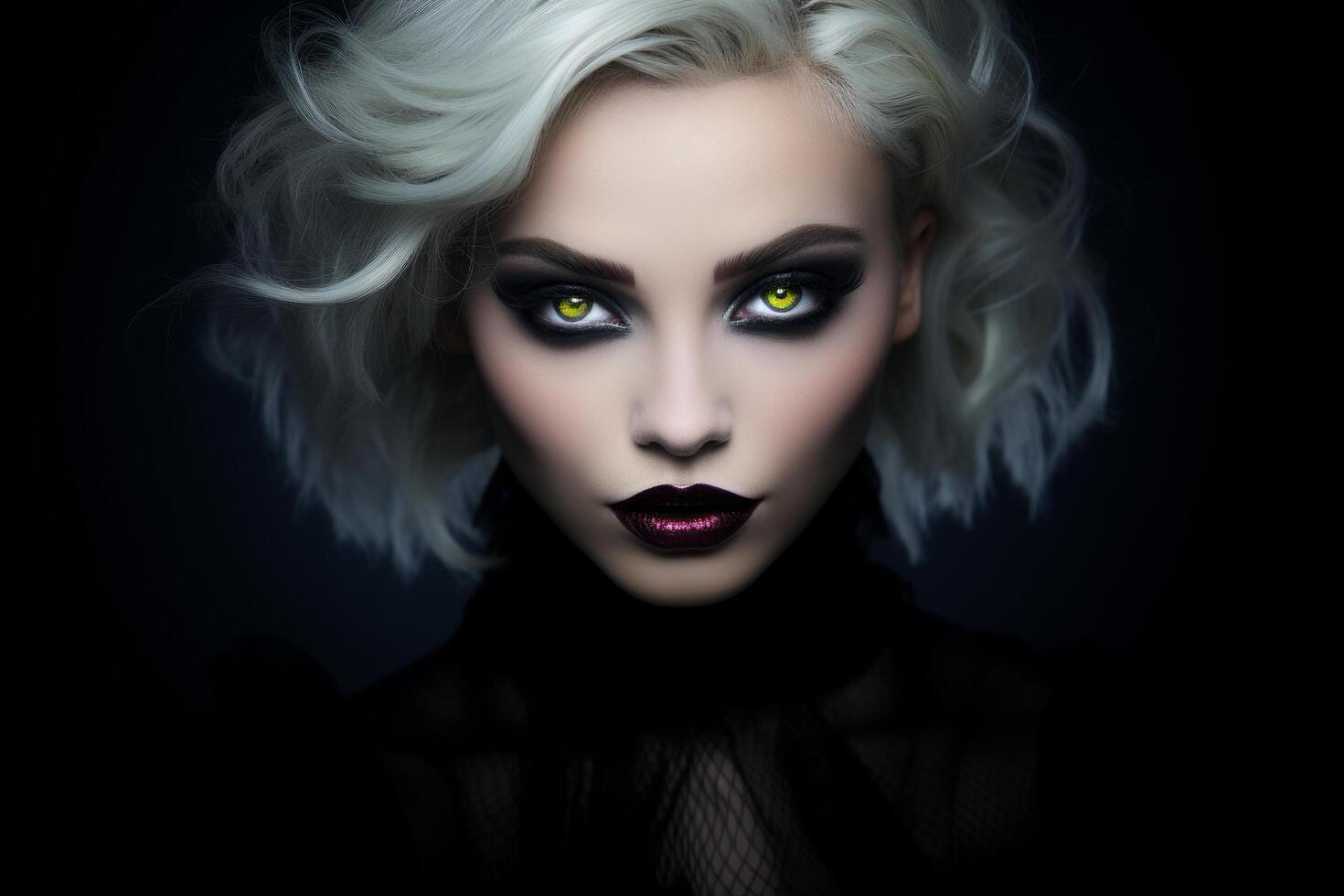 dramatic portrait of a woman with striking makeup and hair photo