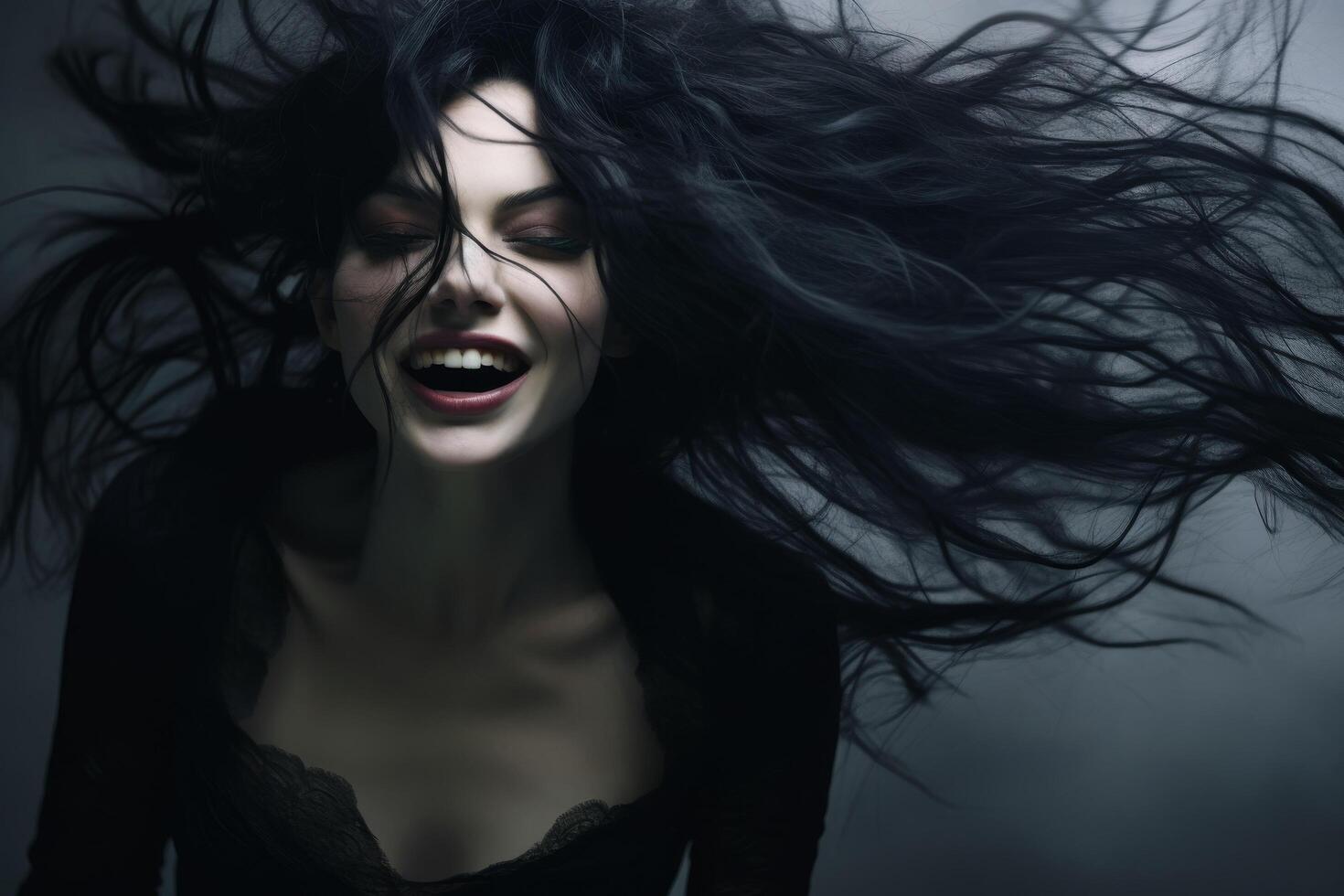 Mysterious woman with flowing dark hair photo