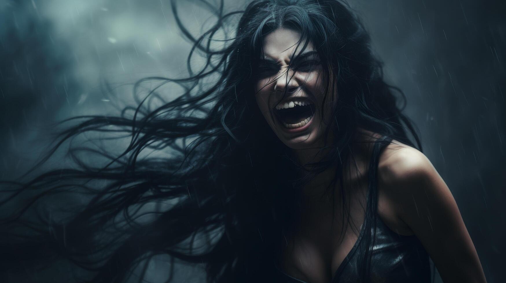 Intense emotional expression of a woman with wild hair photo