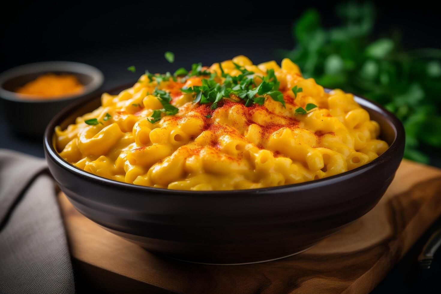 Delicious mac and cheese dish with creamy cheese sauce and garnished with green onions photo