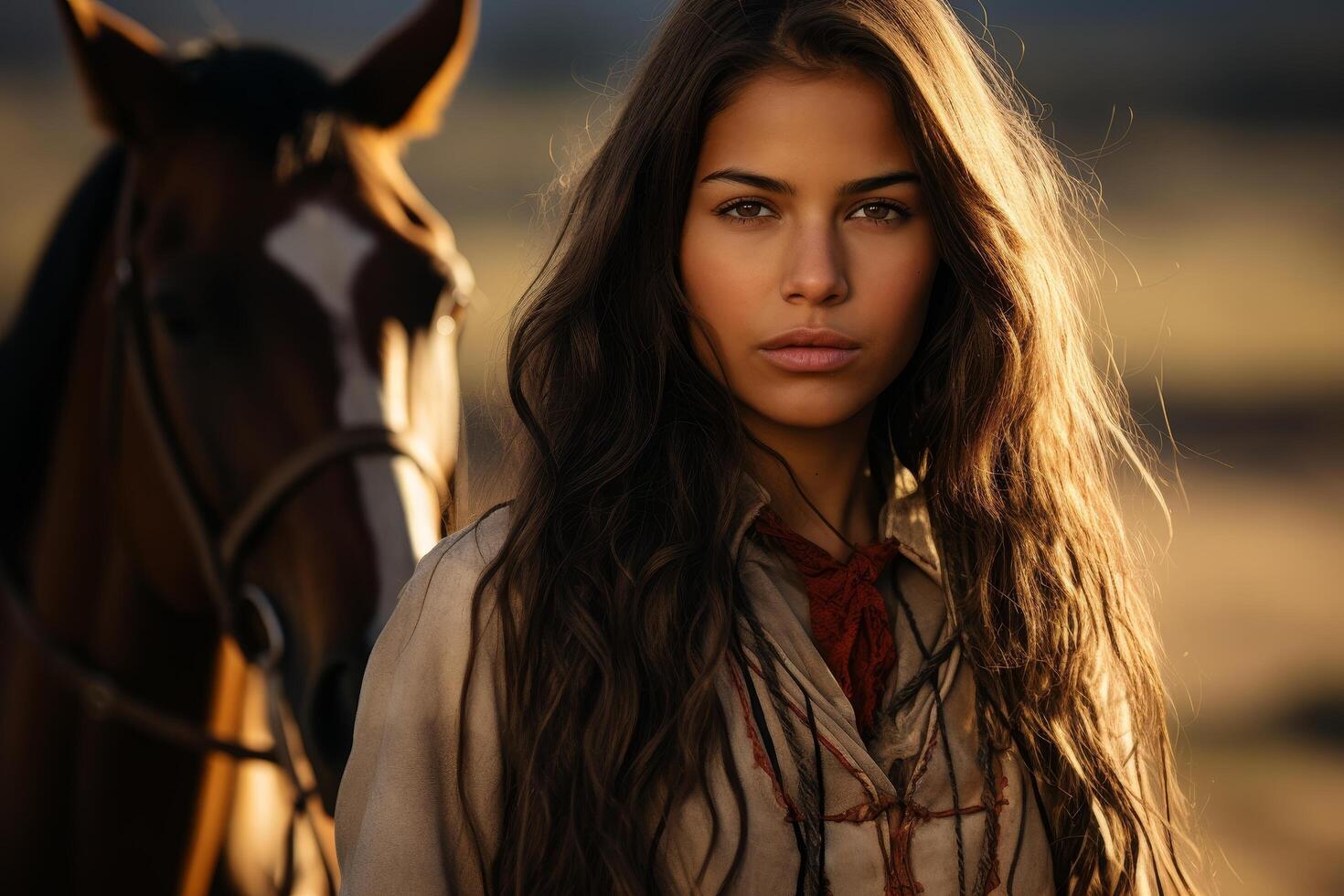 Captivating woman with long dark hair in the sunset photo