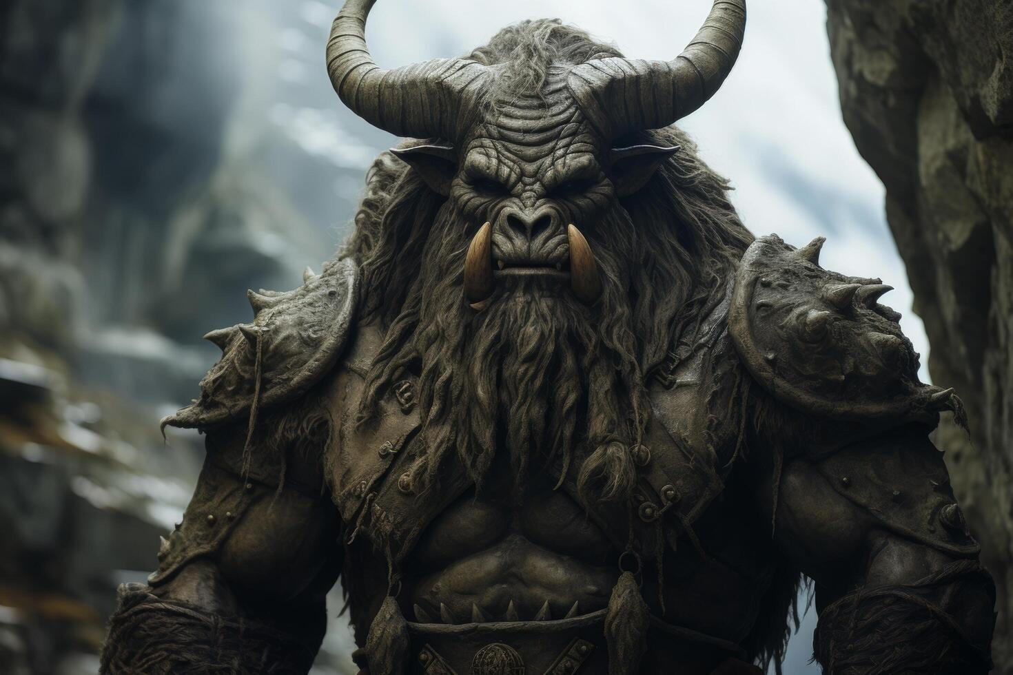 Fierce fantasy creature with horns and beard photo