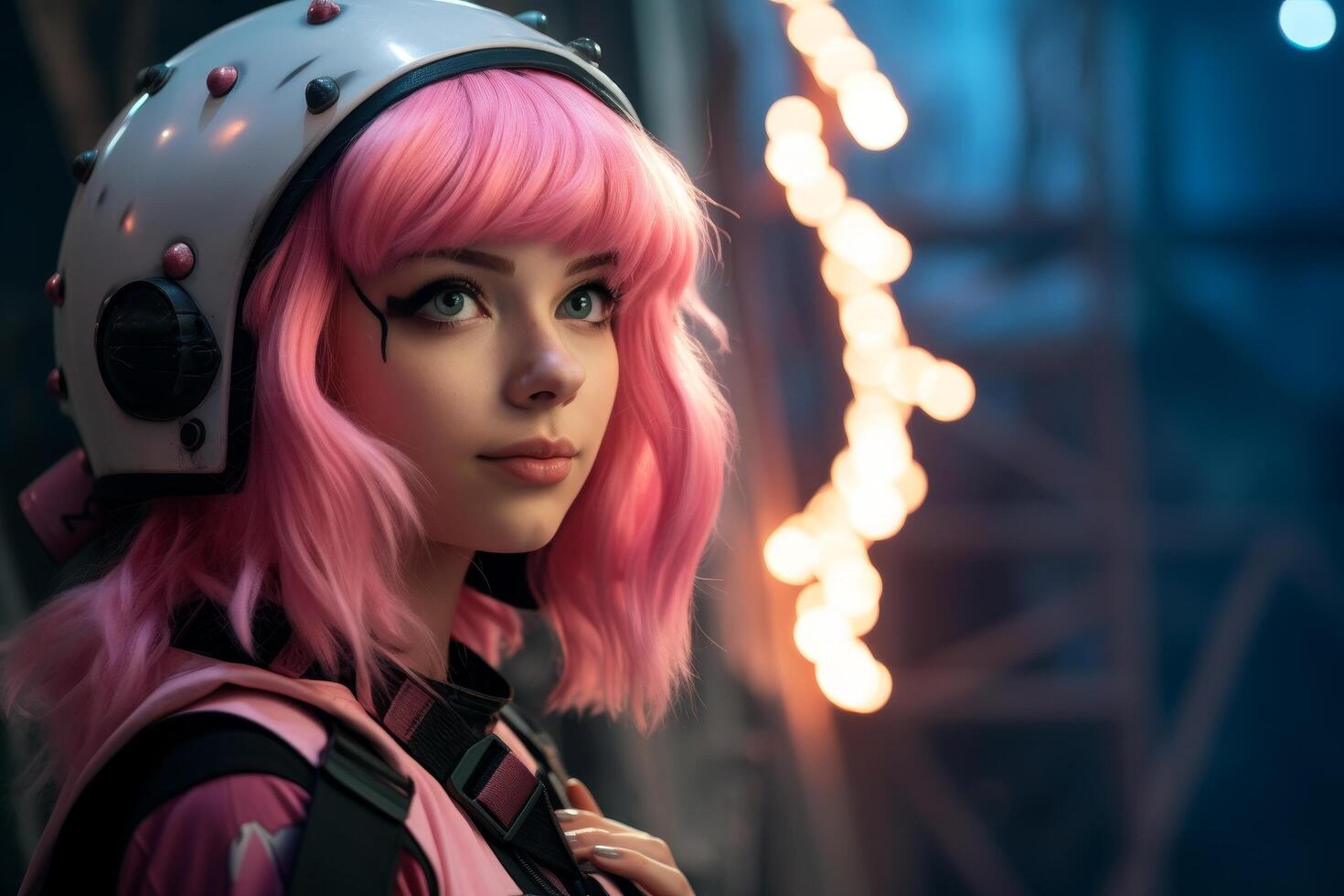 Futuristic woman with pink hair and high tech helmet photo