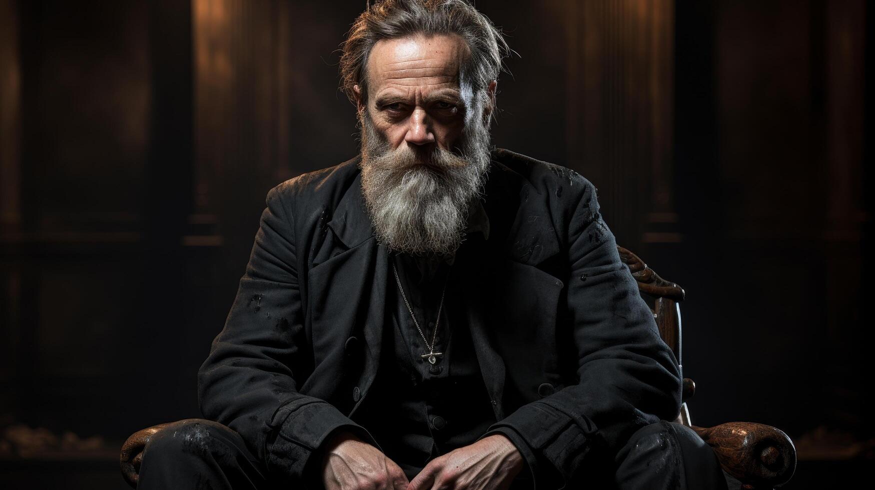 Serious bearded man in dark coat sitting in chair photo