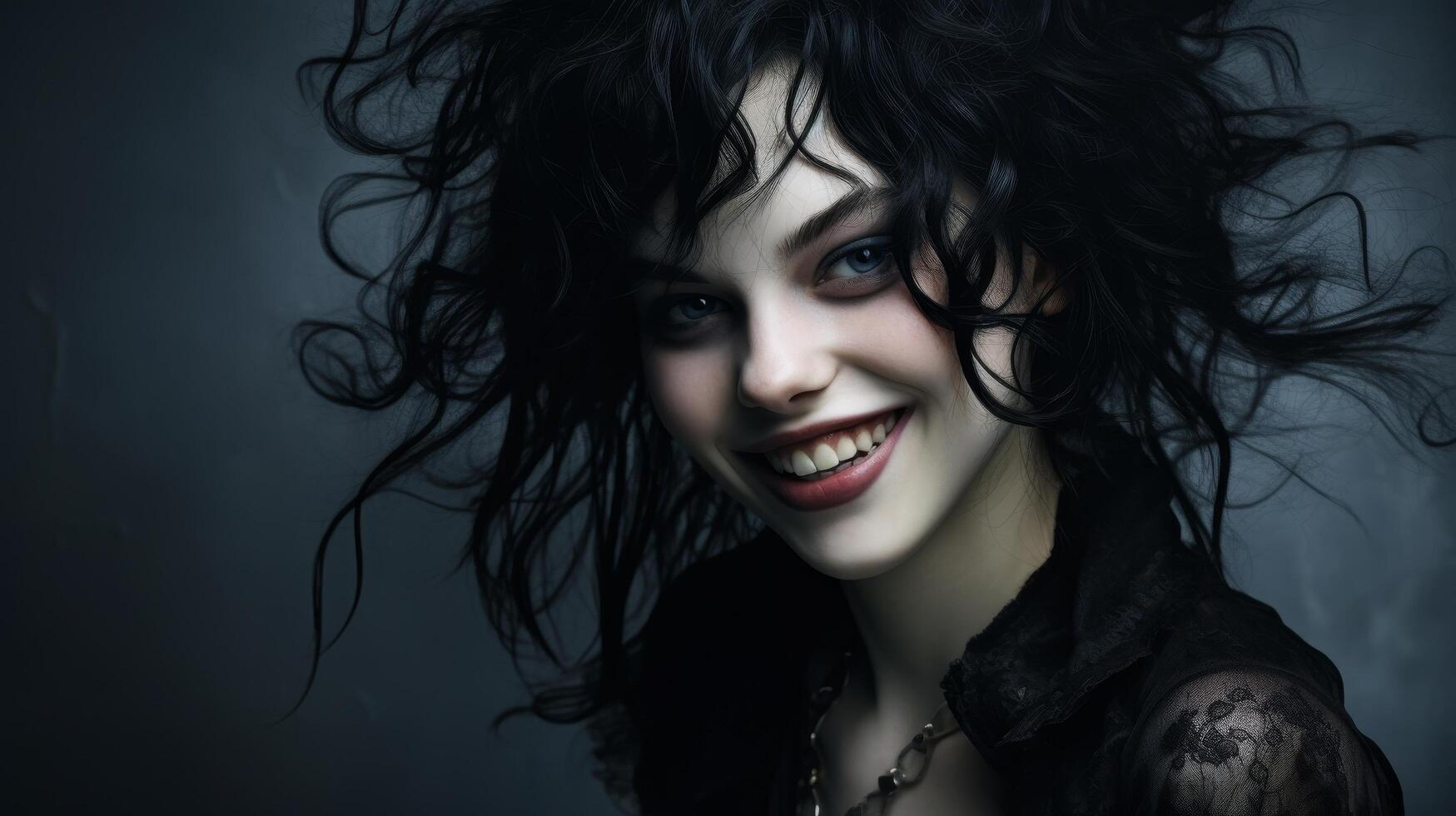 Captivating dark haired woman with striking blue eyes photo