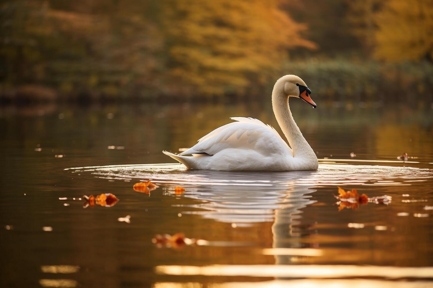Serene swan floating on a golden lake photo