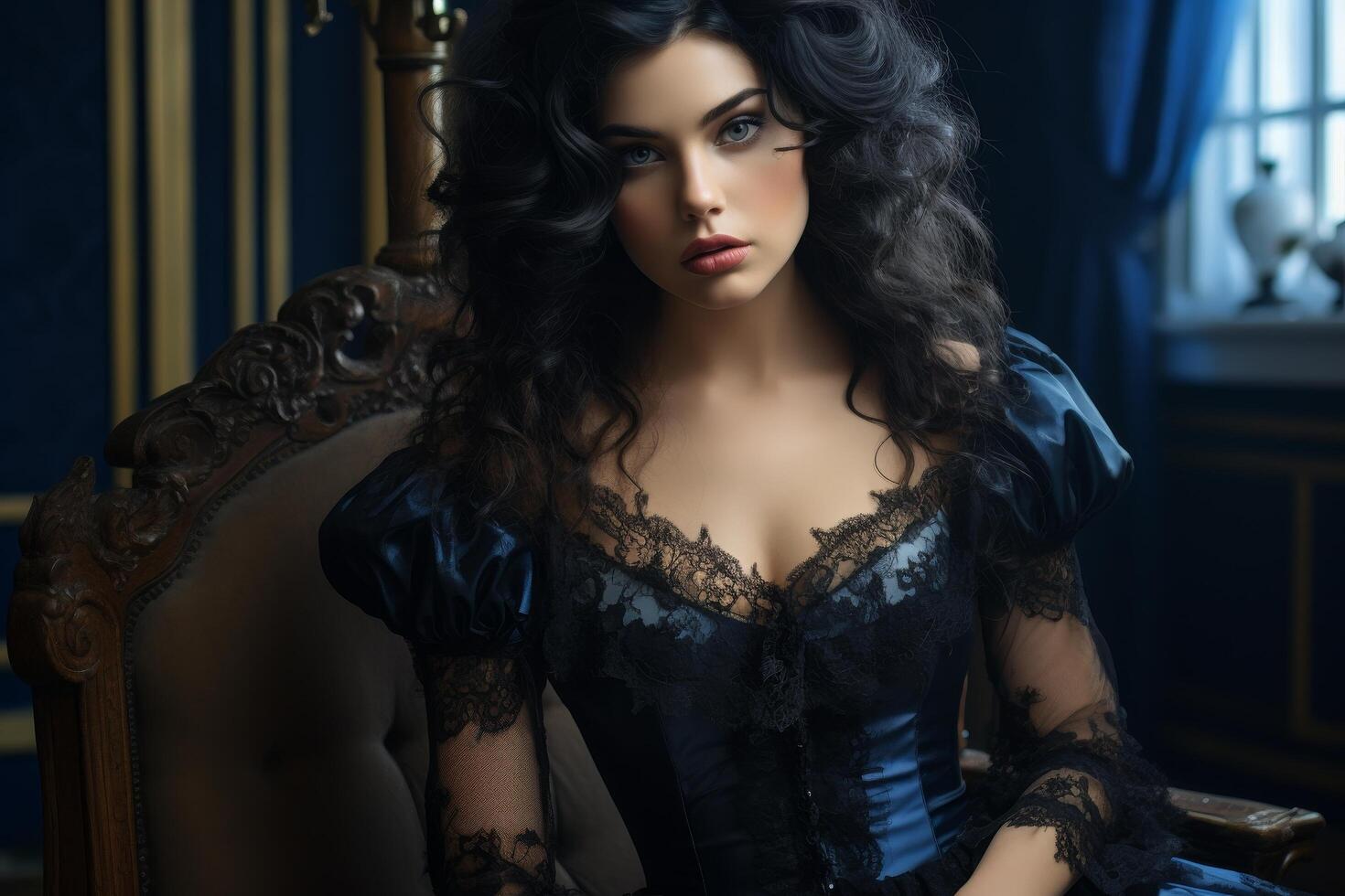 Mysterious woman in dark blue dress photo