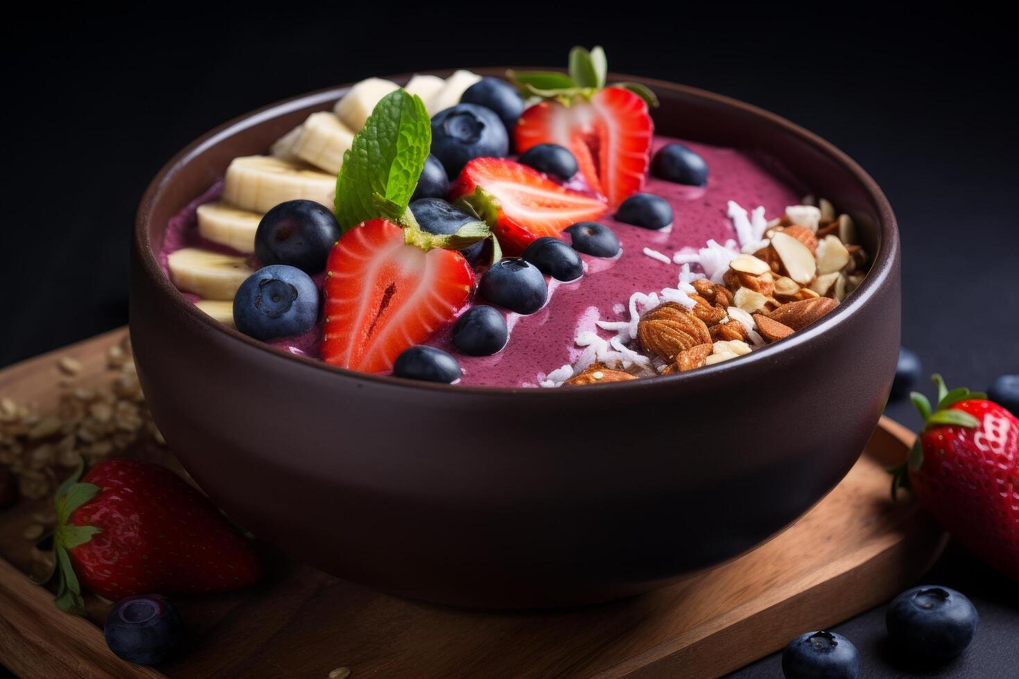 Delicious berry smoothie bowl with fresh fruit and nuts photo