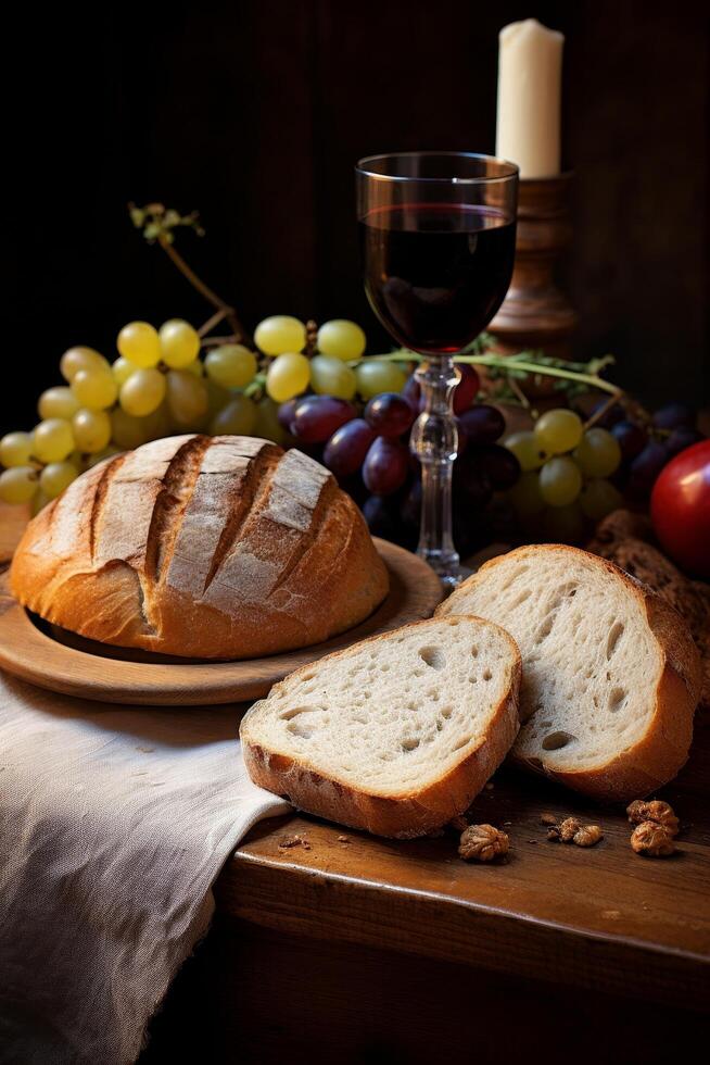Rustic bread and wine still life photo