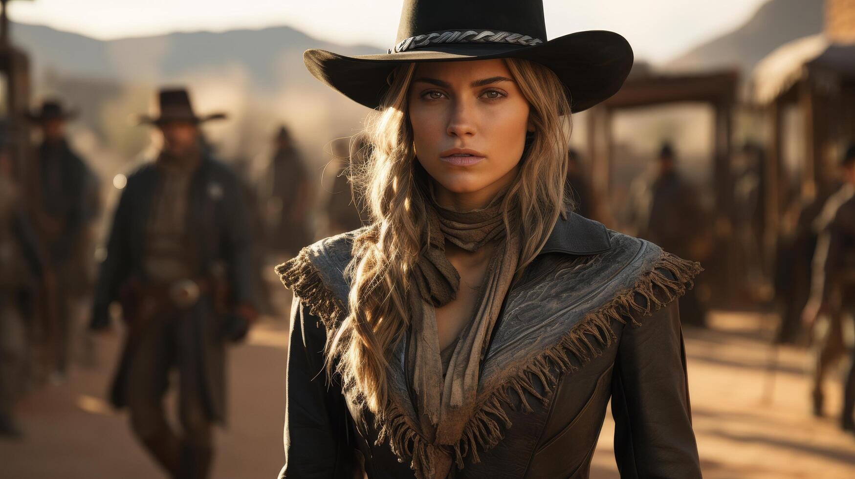 Serious woman in cowgirl outfit in western setting photo