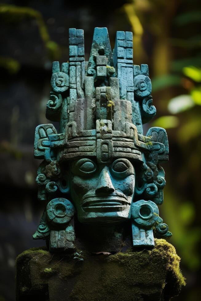 ancient mayan stone carving in the jungle photo