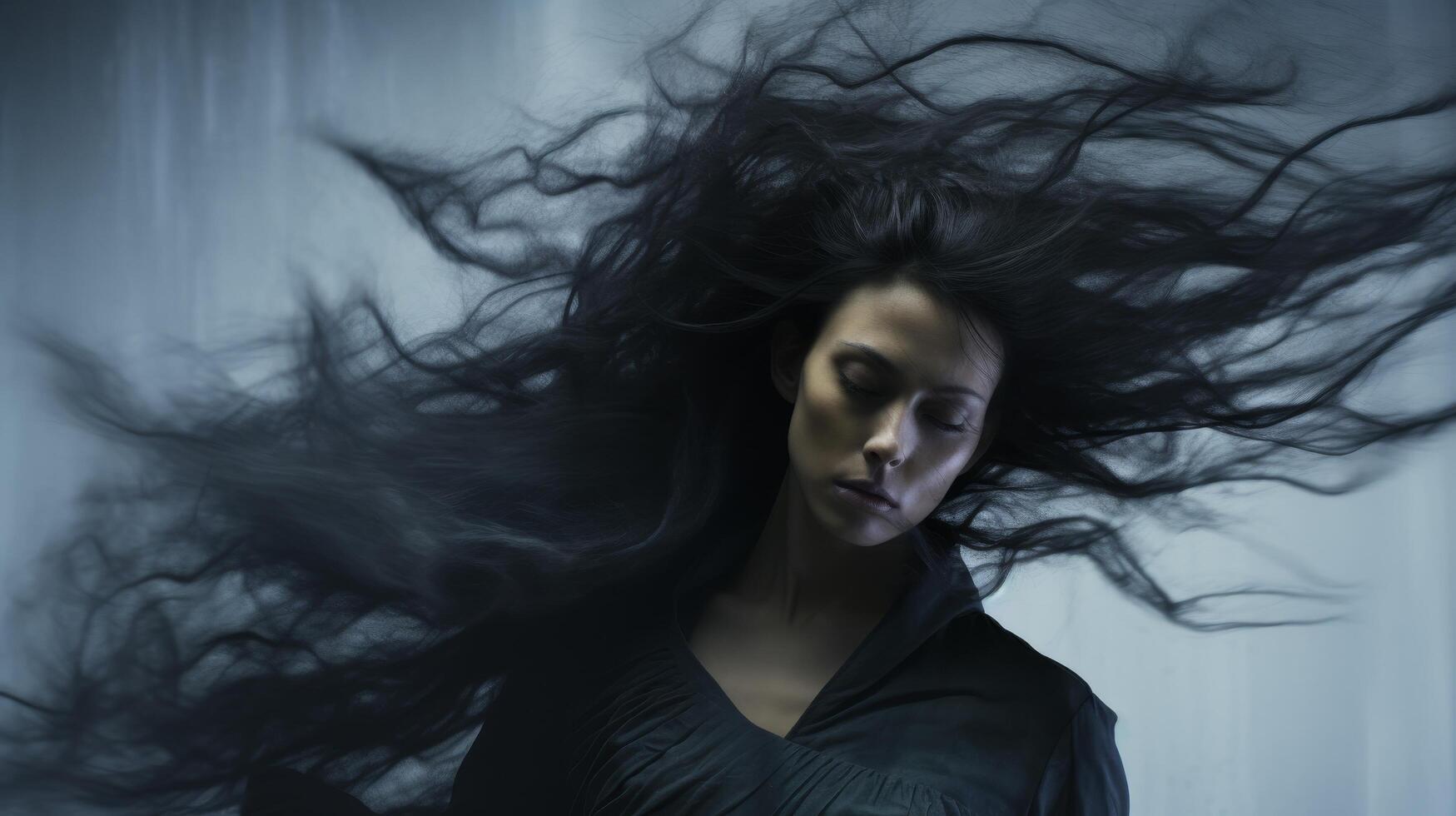 Dramatic portrait of woman with flowing black hair photo