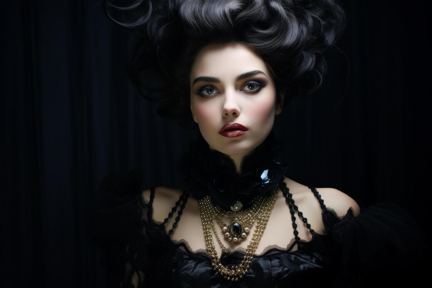 Dramatic portrait of a woman with dark curly hair and bold makeup photo