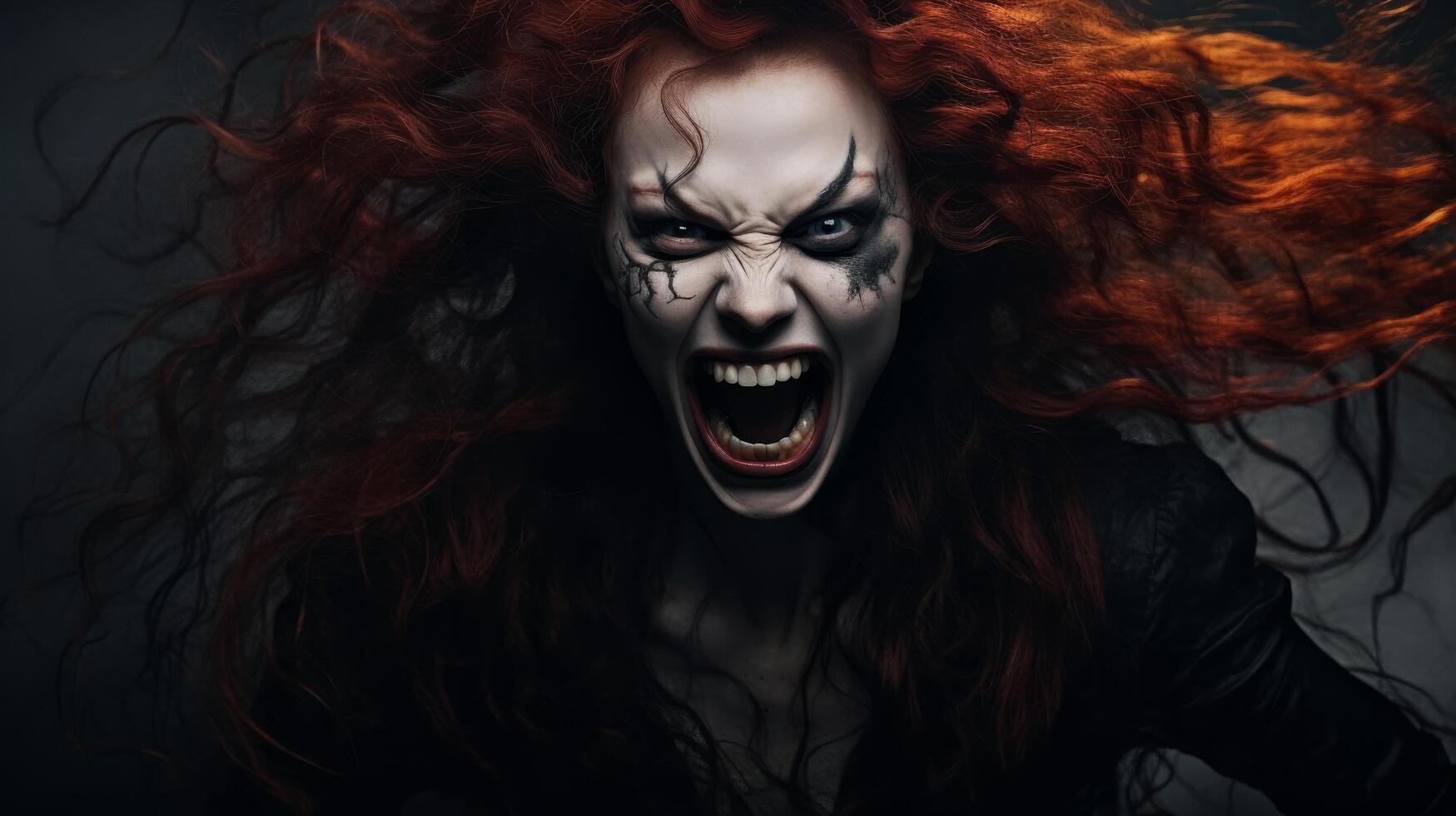 Terrifying demonic face with glowing eyes and sharp teeth photo