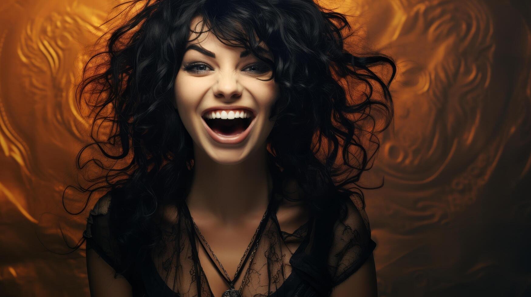 Joyful and energetic woman with curly dark hair photo