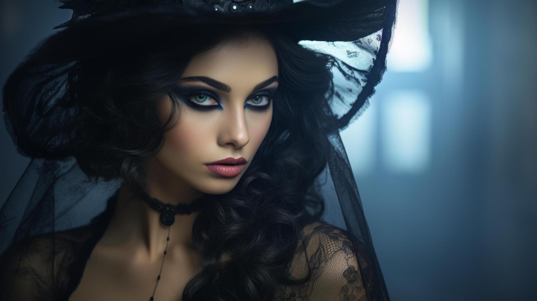 Mysterious woman in black lace veil photo