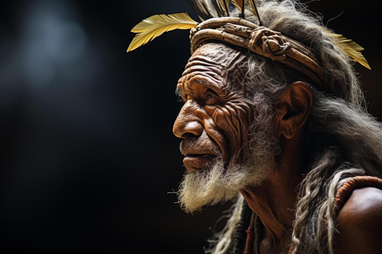 Closeup portrait of an indigenous elder with traditional headpiece photo