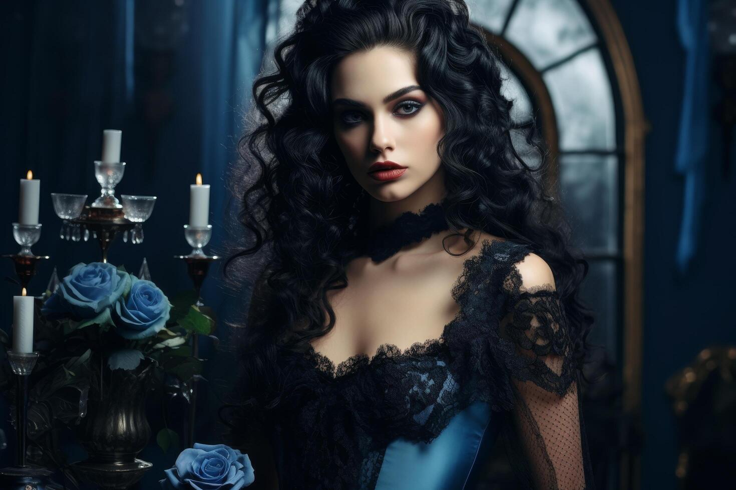 Mysterious woman in black lace dress posing in dark room photo