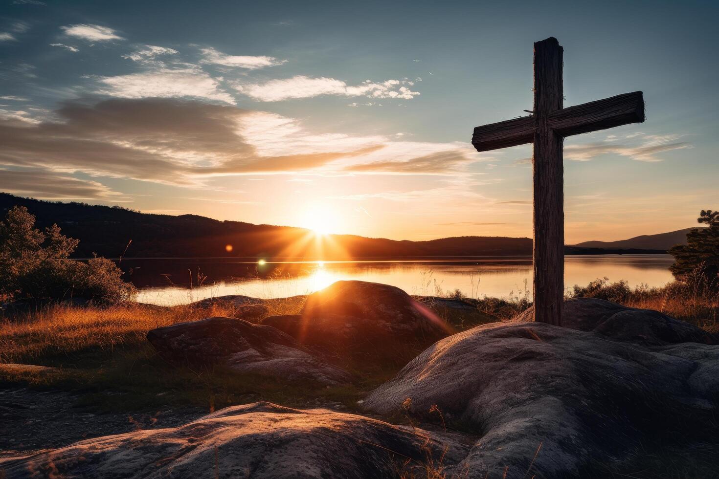 Serene sunset over a lake with a wooden cross in the foreground photo