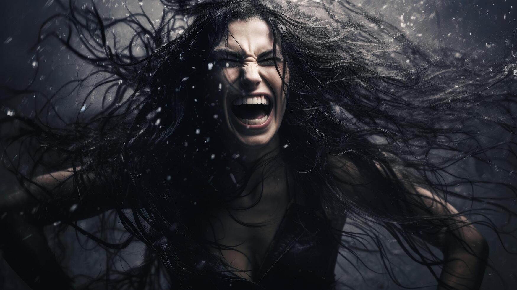 Intense emotional expression of a woman in a dark, stormy environment photo