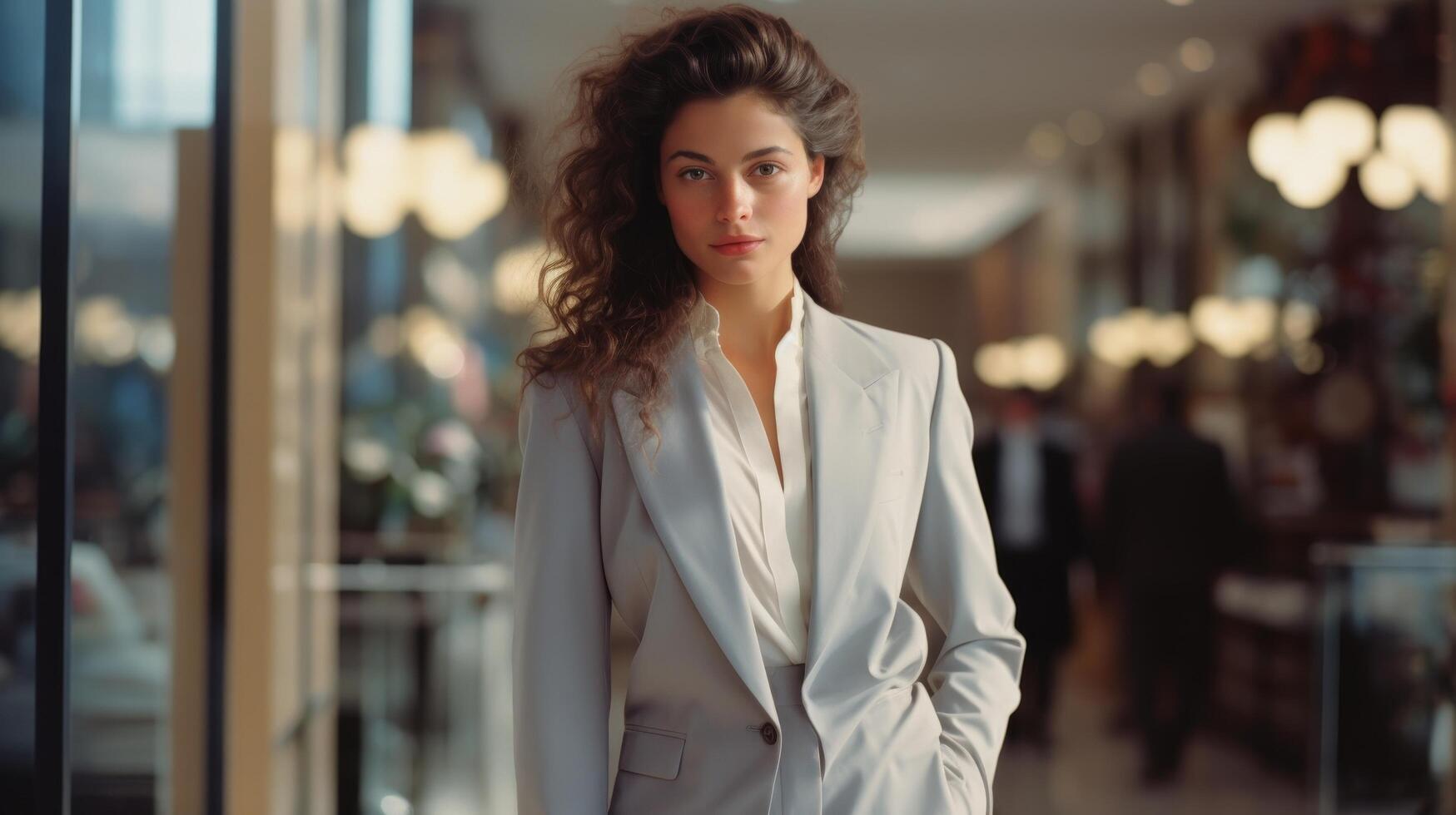 Confident woman in white suit posing in front of window photo