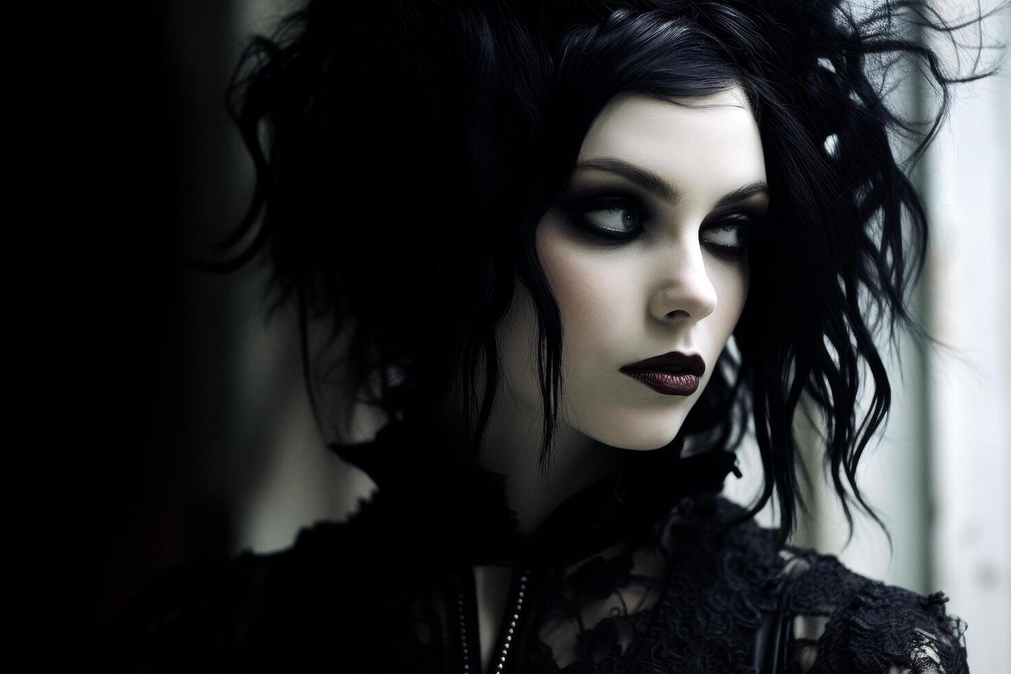 mysterious dark haired woman with intense gaze photo