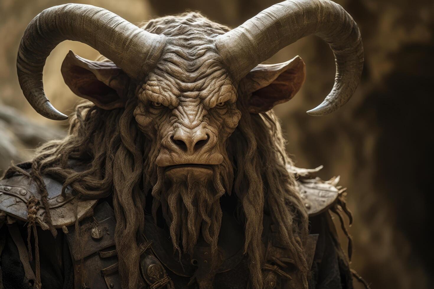 Fierce mythical creature with horns and beard photo